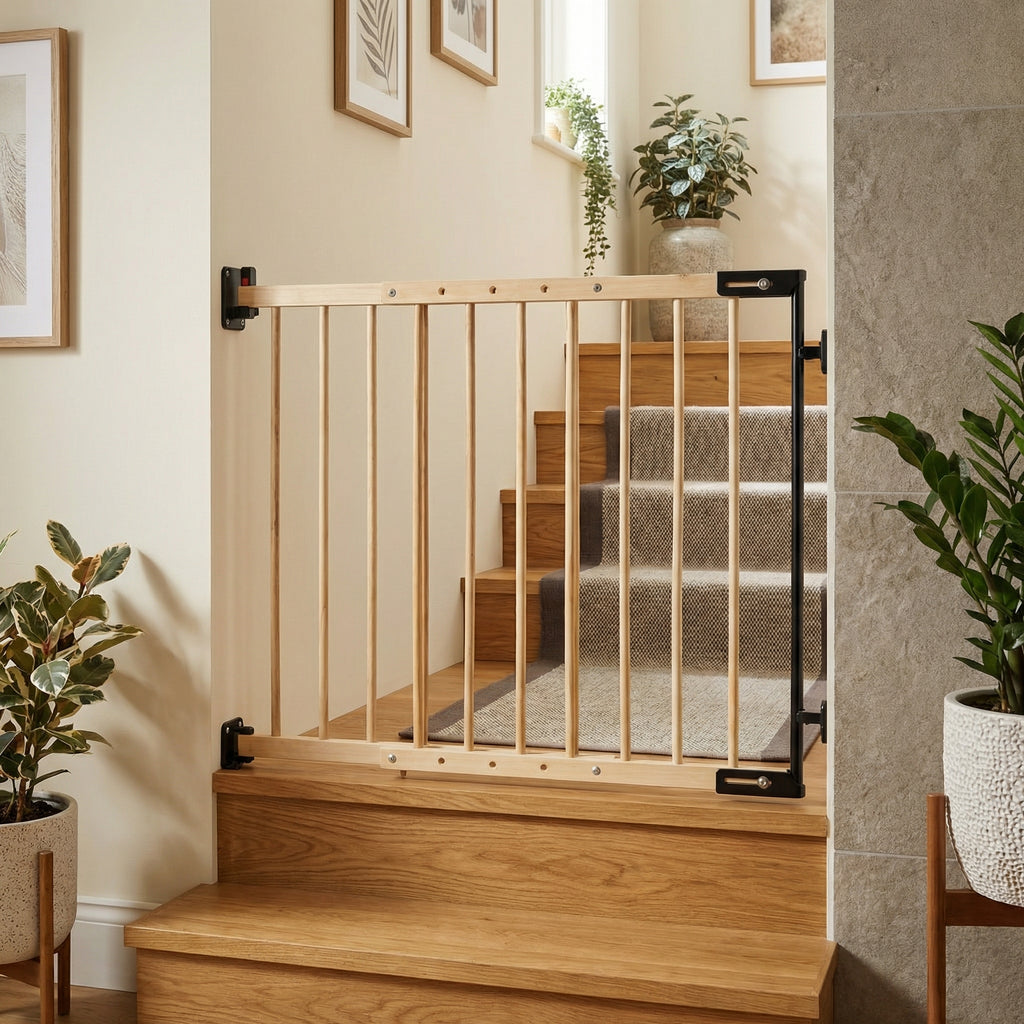 EmsCraft24 Treppenschutzgitter Holz 75-115,5 cm – Verstellbares Sicherheitsgitter für Treppen & Türen | Kinderschutzgitter