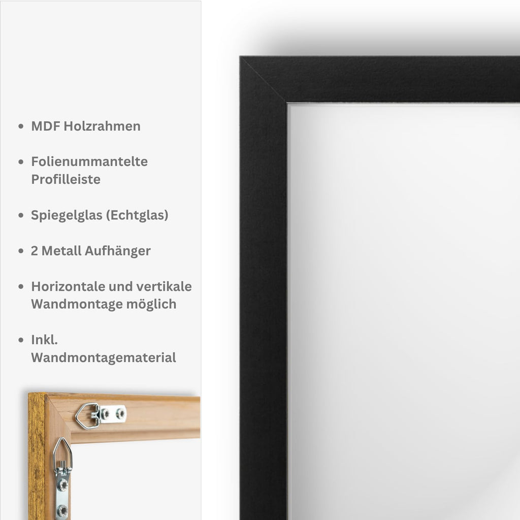 Wandspiegel Schwarz Matt 60x40 cm Hoch- und Querformat - Kunststoffspiegel