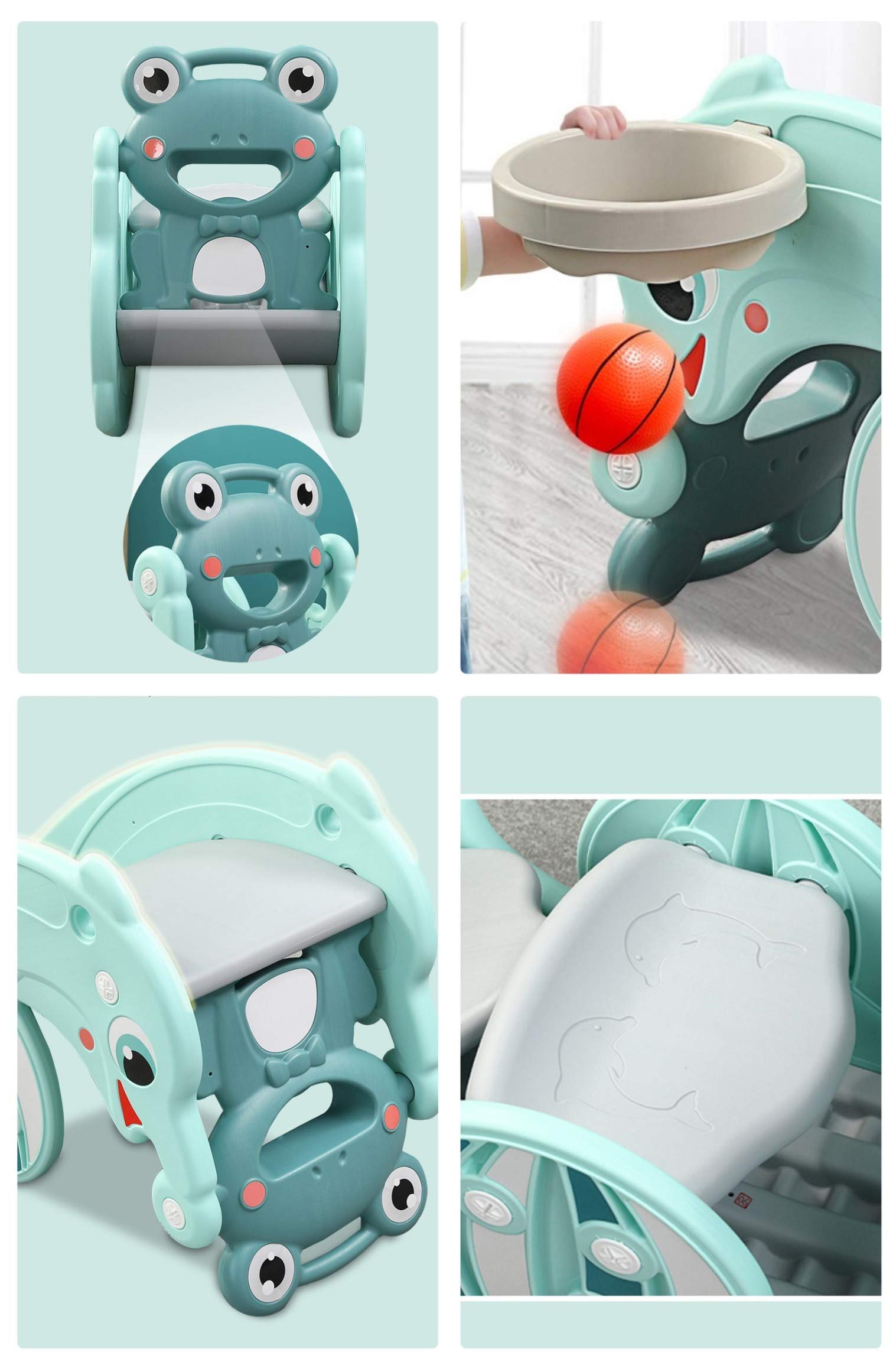 Clamaro Delphin 2in1 Kinder Rutsche & Wippe, Basketballkorb, Mint