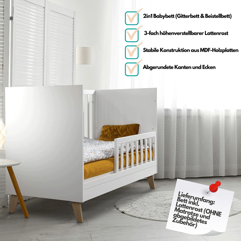 Babybett 120x60 mit 3-fach höhenverstellbarer Basis & Lattenrost