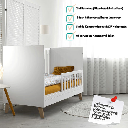 Babybett 120x60 mit 3-fach höhenverstellbarer Basis & Lattenrost