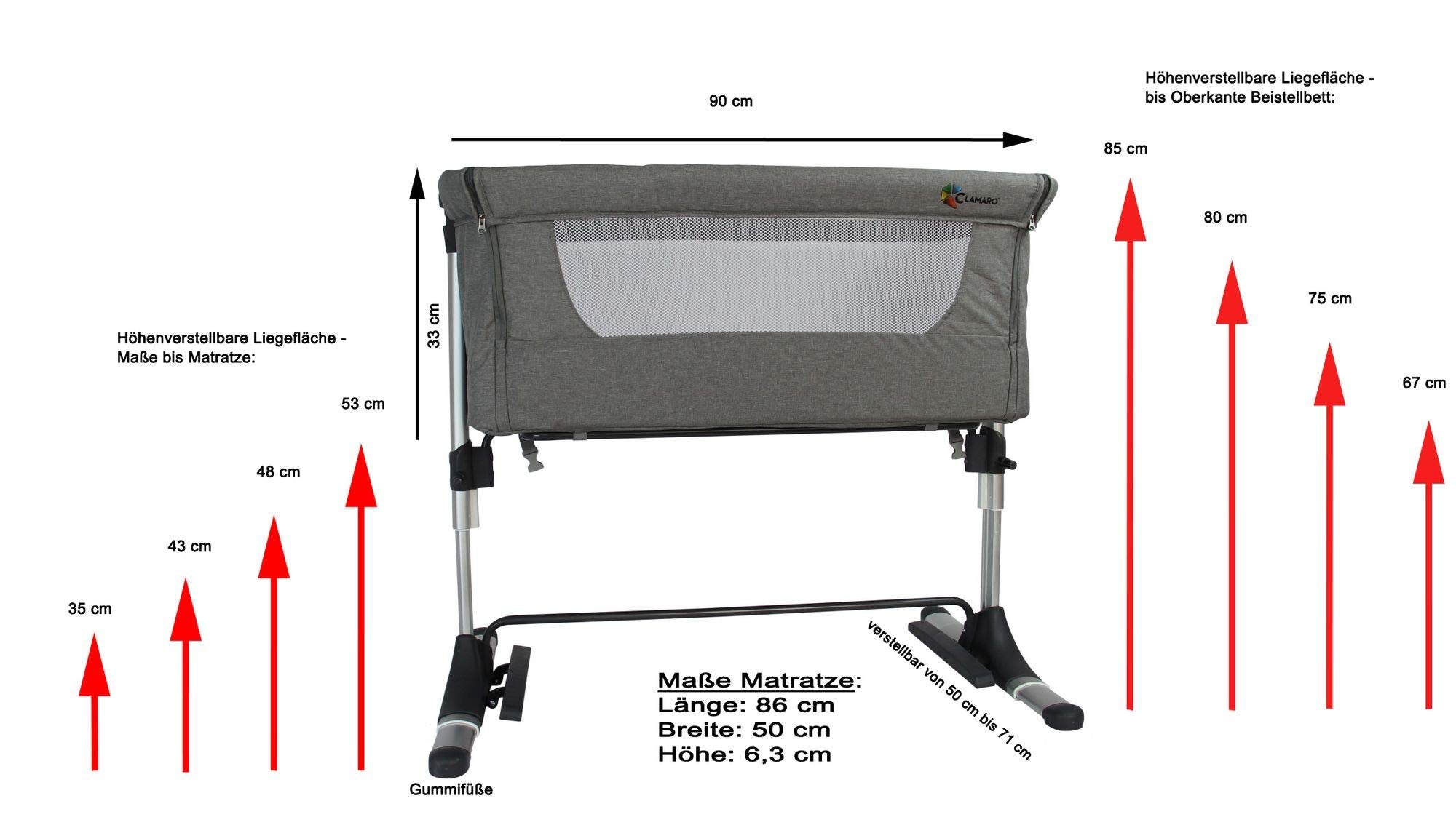 Baby Beistellbett 3in1 mit Matratze, 4-fach höhenverstellbar, klappbar Clamaro
