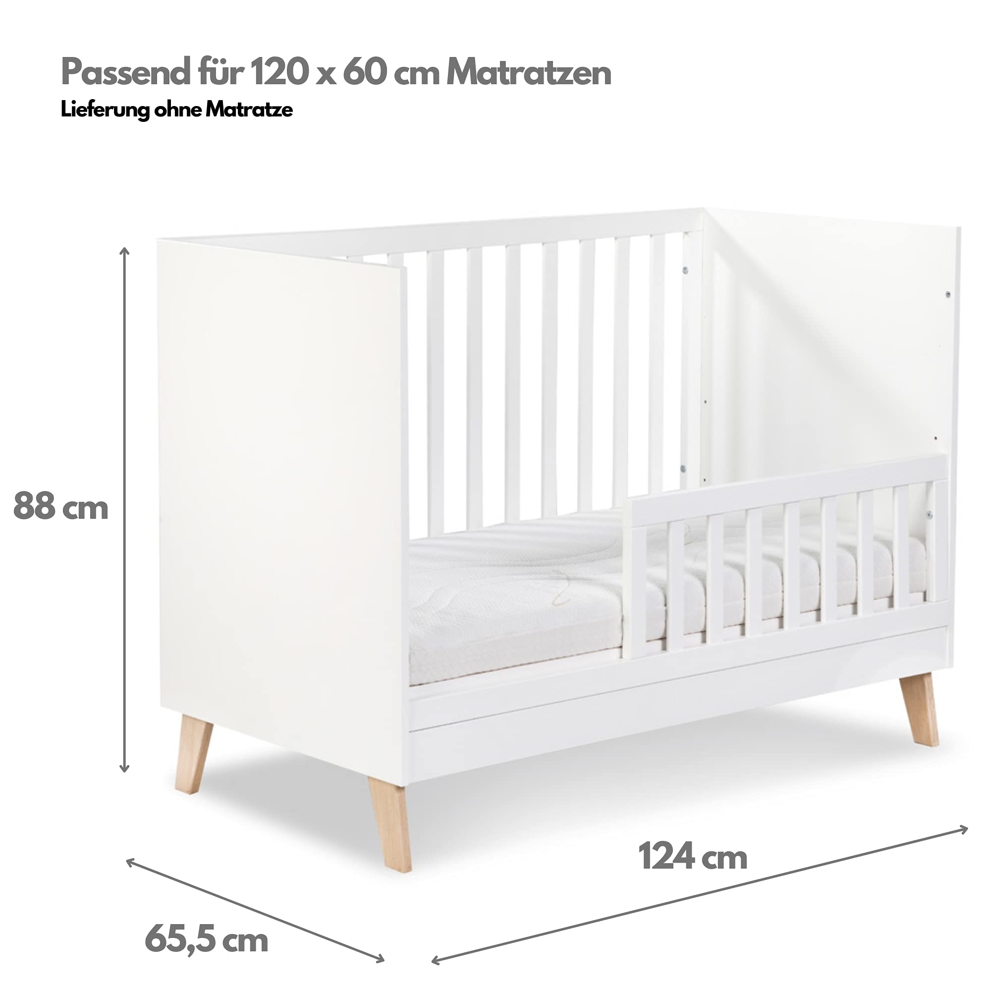 Babybett 120x60 mit 3-fach höhenverstellbarer Basis & Lattenrost