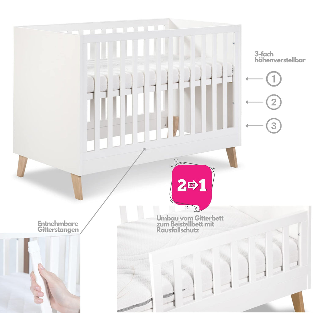 Babybett 120x60 mit 3-fach höhenverstellbarer Basis & Lattenrost