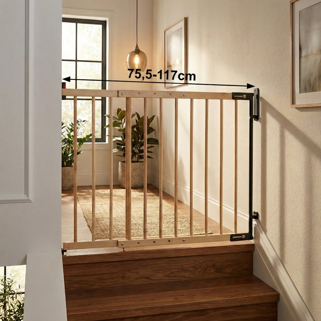 EmsCraft24 Treppenschutzgitter Holz 75-115,5 cm – Verstellbares Sicherheitsgitter für Treppen & Türen | Kinderschutzgitter