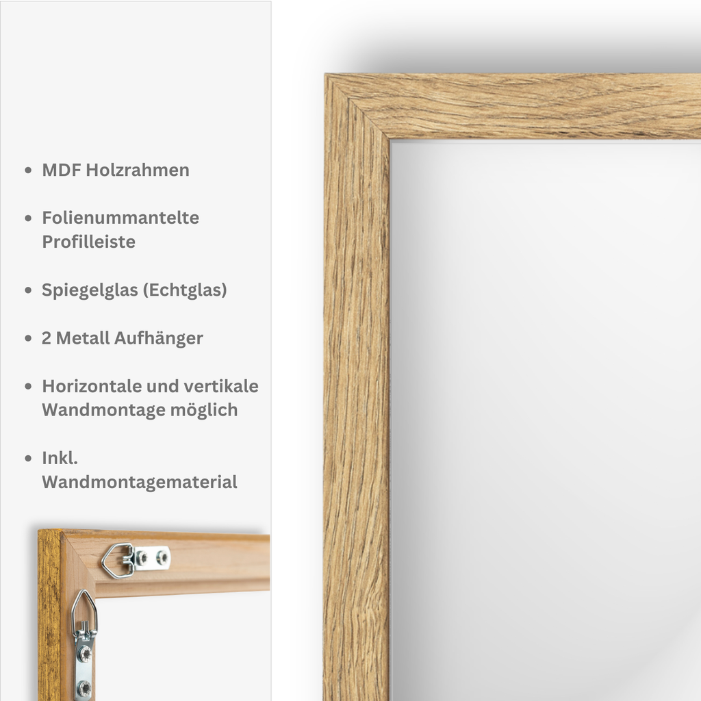 Wandspiegel Eiche Natur 60x40 cm Hoch- und Querformat - Kunststoffspiegel