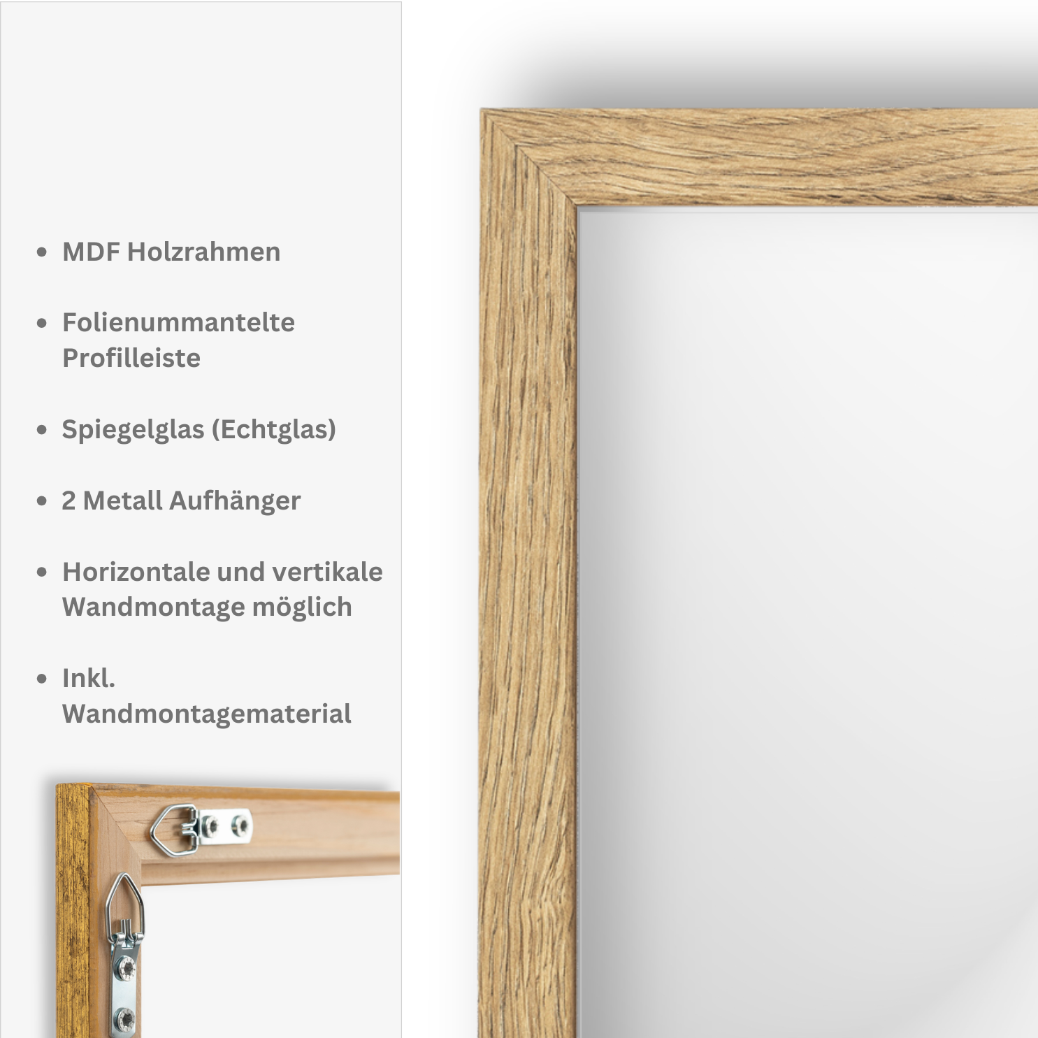 Wandspiegel Eiche Natur 60x40 cm Hoch- und Querformat - Kunststoffspiegel